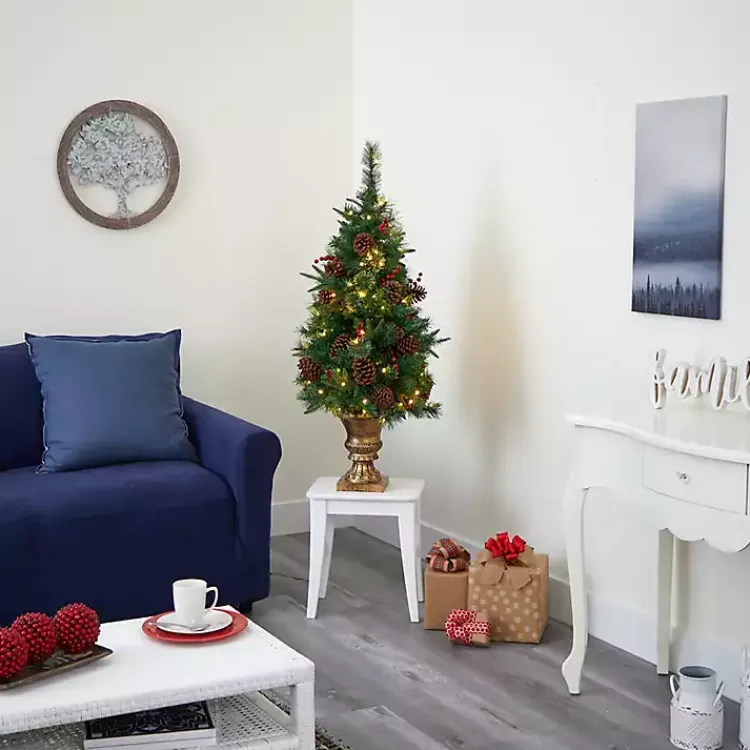 Christmas Trees>Kirklands Home 4 ft. Pre-Lit Berry and Pine Cones Tree in Urn