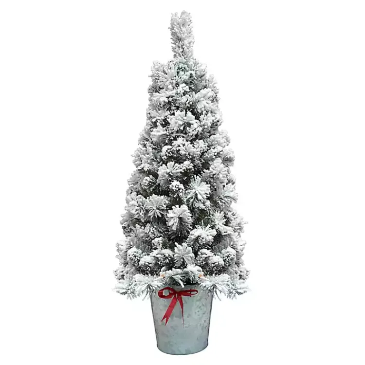 Christmas Arrangements & Garland>Kirklands Home 4 ft. Pre-Lit Flocked Pine Tree in Metal Pot White