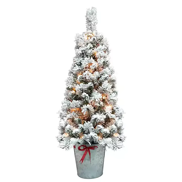 Christmas Arrangements & Garland>Kirklands Home 4 ft. Pre-Lit Flocked Pine Tree in Metal Pot White