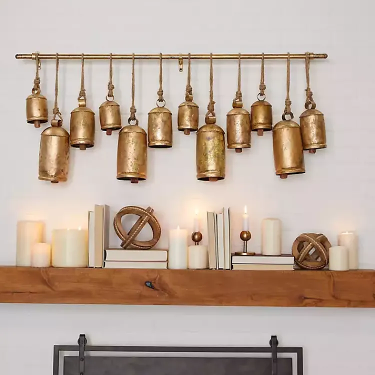 Decorative Accents>Kirklands Home Aged Round Bells Wall Plaque Gold