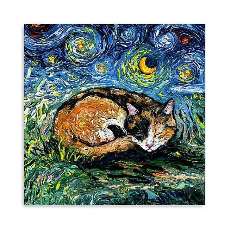 Kirklands Home Aja Trier Sleepy Calico Starry Night Canvas Print New