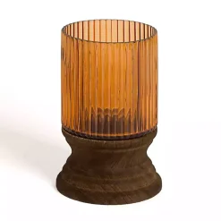 Candle Holders>Kirklands Home Amber Glass and Wood Hurricane, 8 in. Brown