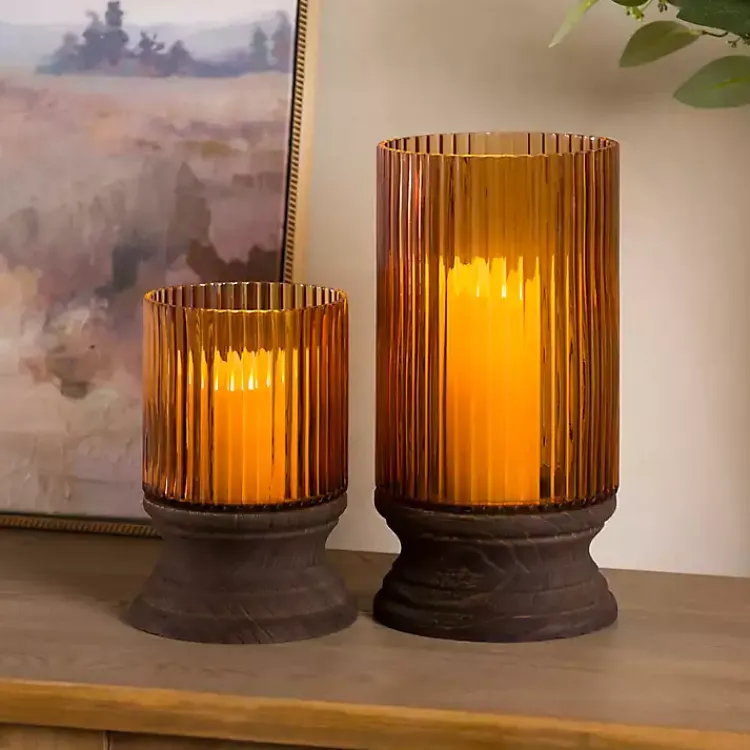 Candle Holders>Kirklands Home Amber Glass and Wood Hurricane, 8 in. Brown
