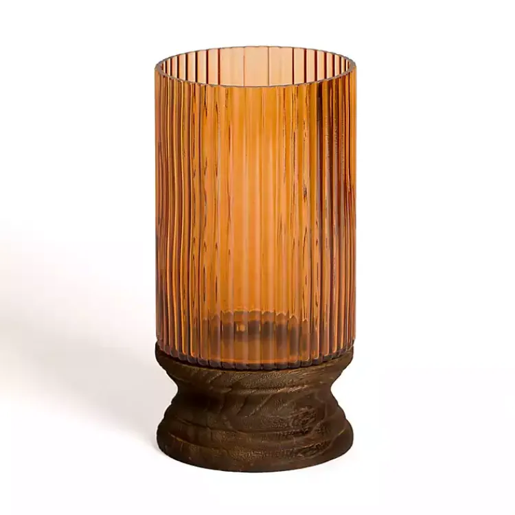 Candle Holders>Kirklands Home Amber Glass and Wood Hurricane, 13 in.