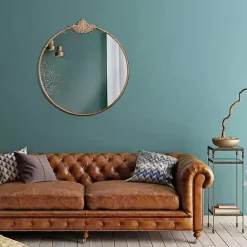 Kirklands Home Antique Brass Metal Ornate Round Mirror New