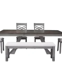 Kirklands Home Antique Upholstered Gray Wood Dining Bench White