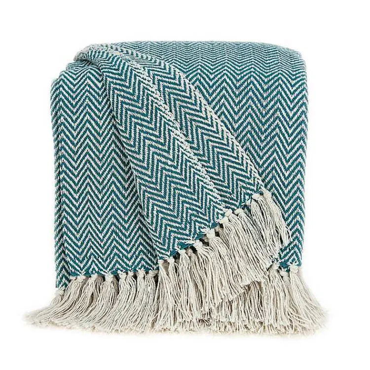 Blankets & Throws>Kirklands Home Aqua Chevron Cotton Handloomed Tassel Throw Blue