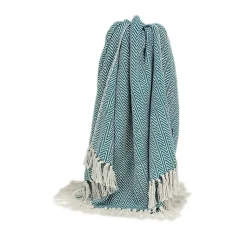 Blankets & Throws>Kirklands Home Aqua Chevron Cotton Handloomed Tassel Throw Blue