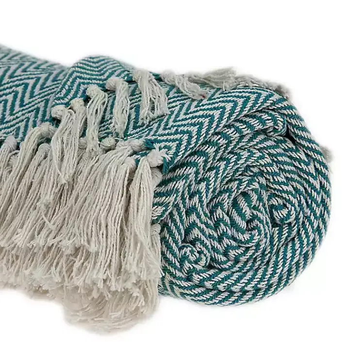 Blankets & Throws>Kirklands Home Aqua Chevron Cotton Handloomed Tassel Throw Blue