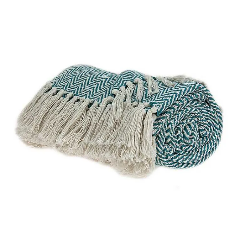 Blankets & Throws>Kirklands Home Aqua Chevron Cotton Handloomed Tassel Throw Blue
