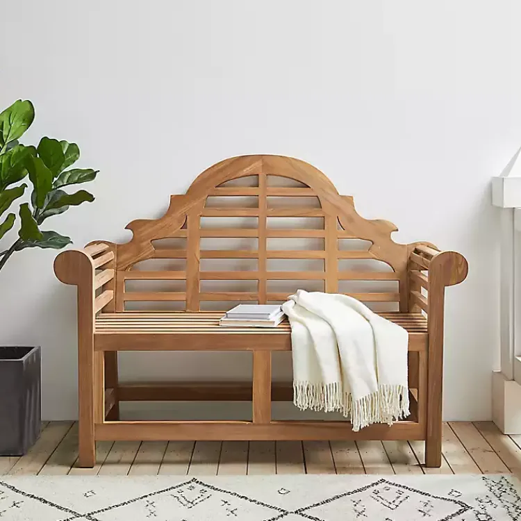 Kirklands Home Arched Teakwood Slatted Outdoor Bench Tan New