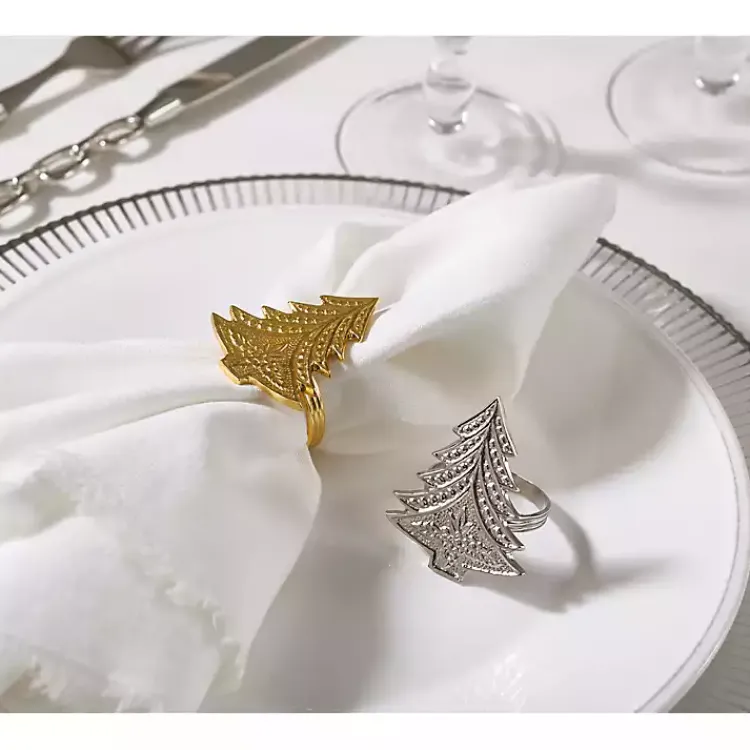 Kirklands Home Art Deco Christmas Tree Napkin Rings, Set of 4 Silver Hot