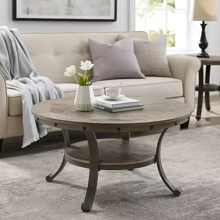 Kirklands Home Ash Round Nailhead Coffee Table Gray Online