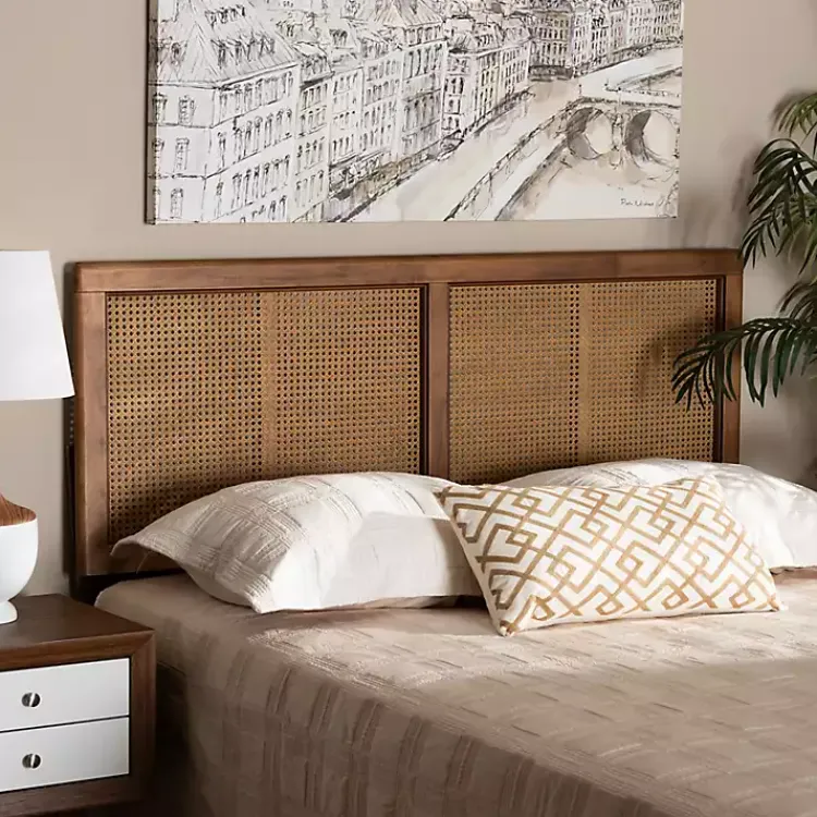 Kirklands Home Ash Walnut Wood Rattan Frame King Headboard New