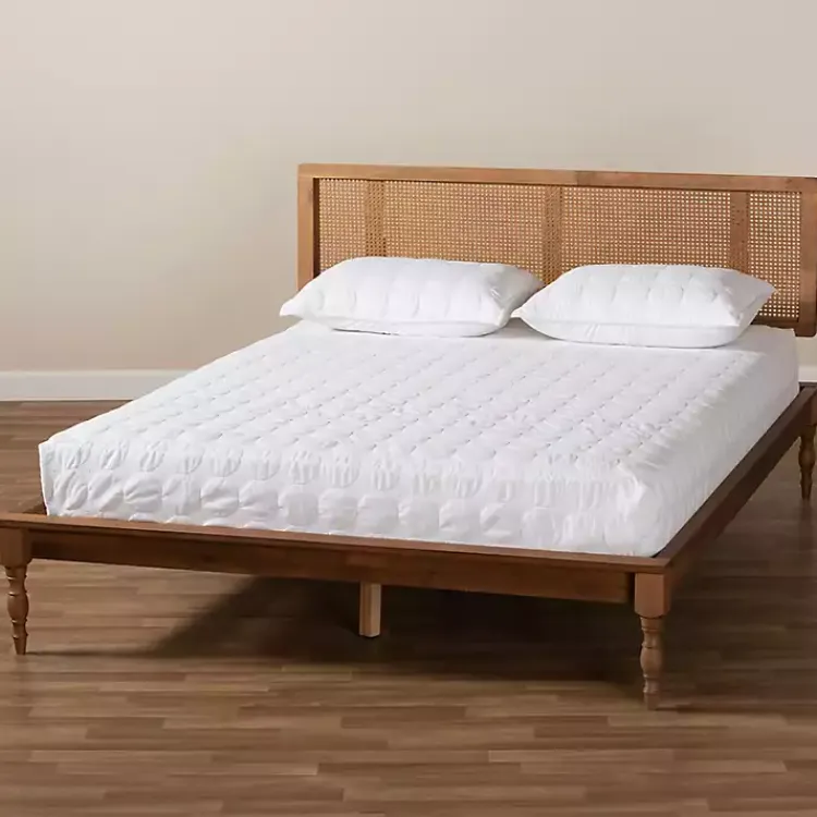 Kirklands Home Ash Walnut Wrap-Around Rattan Platform Queen Bed Brown New