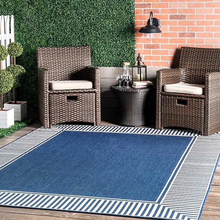 Kirklands Home Asia Blue Stripe Border Outdoor Rug, 8x10 Outlet