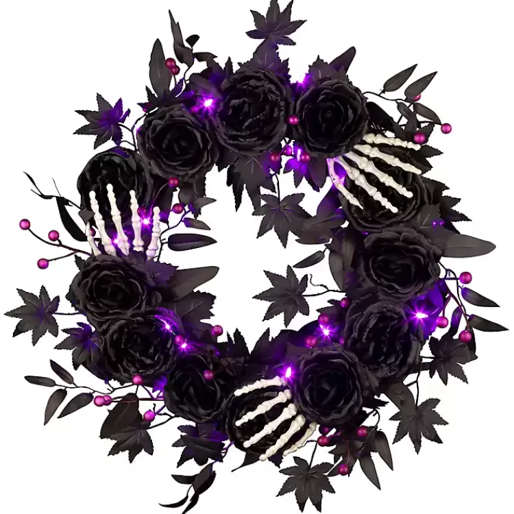Halloween>Kirklands Home Bad to the Bone Black Roses Wreath