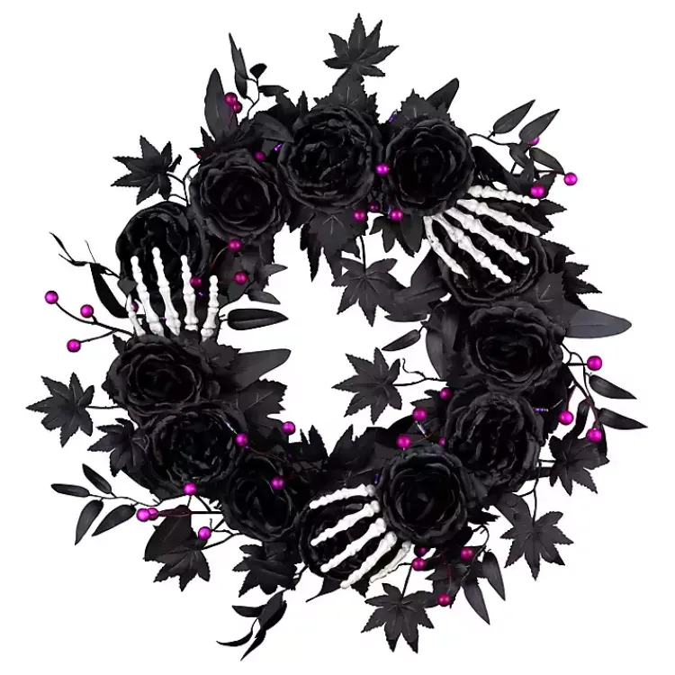 Halloween>Kirklands Home Bad to the Bone Black Roses Wreath