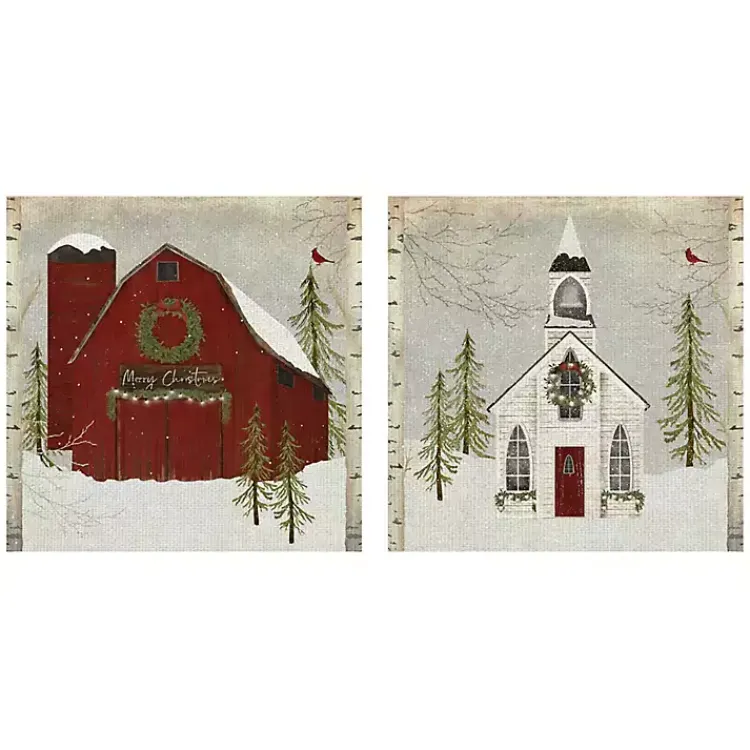 Christmas Art & Wall Decor>Kirklands Home Barn and Church Canvas Art Prints, Set of 2 Multi