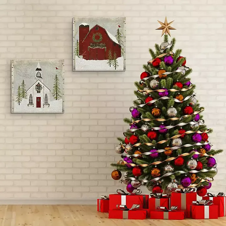 Christmas Art & Wall Decor>Kirklands Home Barn and Church Canvas Art Prints, Set of 2 Multi