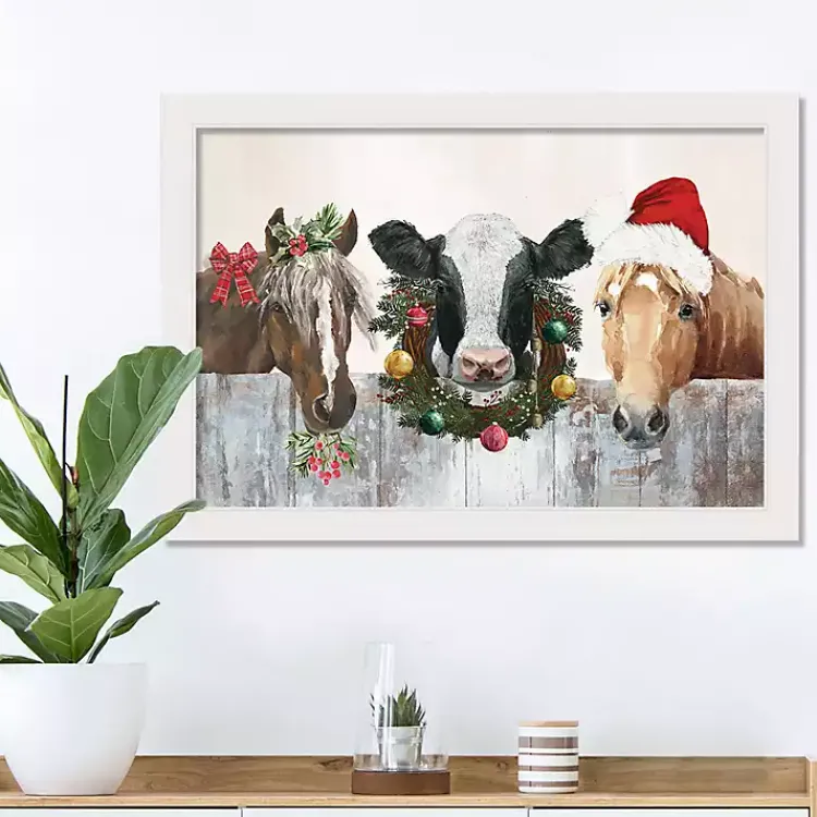 Christmas Art & Wall Decor>Kirklands Home Barn Animals White Framed Canvas Art Print