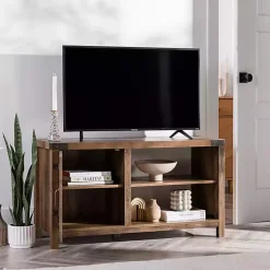 Kirklands Home Barn Door Rustic Oak TV Stand with Open Shelves Brown