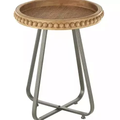 Kirklands Home Beaded Wood Rattan Round Accent Table Brown New