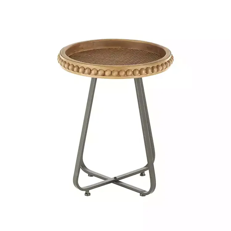 Kirklands Home Beaded Wood Rattan Round Accent Table Brown New