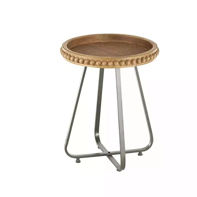Kirklands Home Beaded Wood Rattan Round Accent Table Brown New