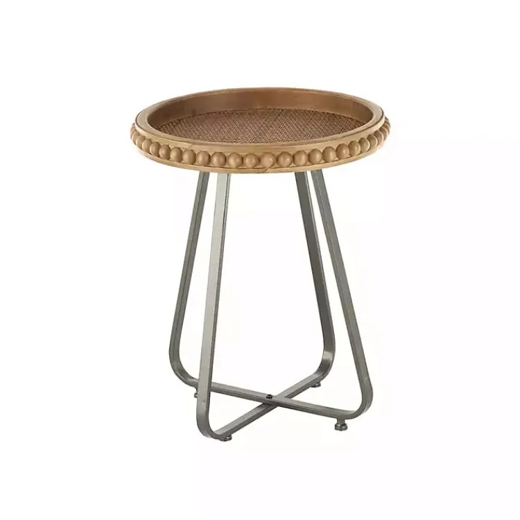 Kirklands Home Beaded Wood Rattan Round Accent Table Brown New