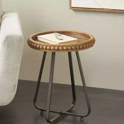 Kirklands Home Beaded Wood Rattan Round Accent Table Brown New