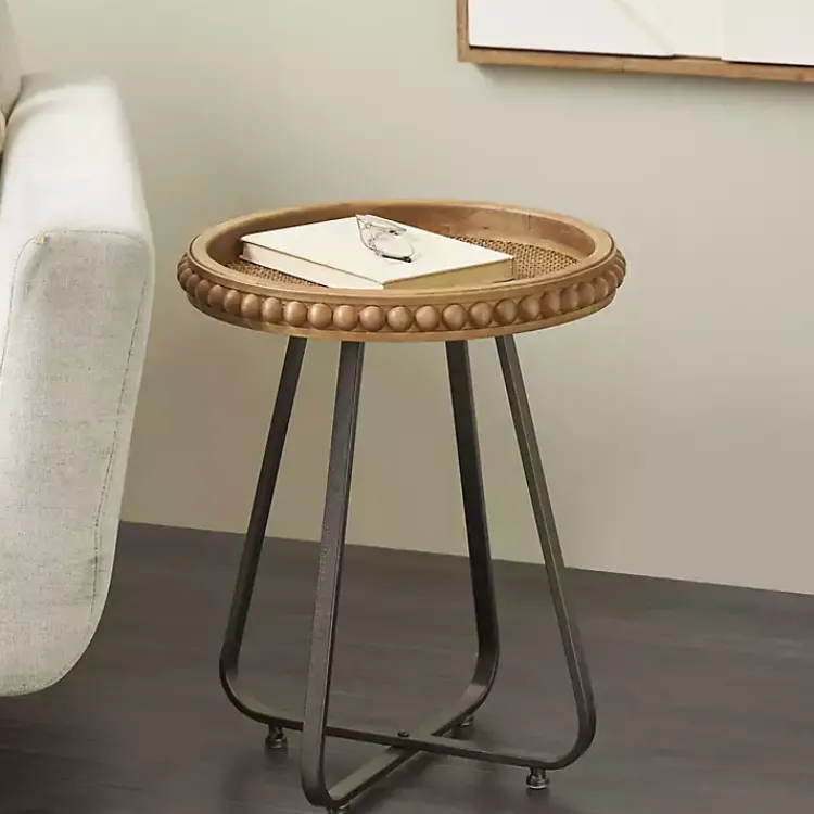 Kirklands Home Beaded Wood Rattan Round Accent Table Brown New