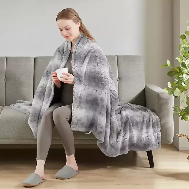 Blankets & Throws>Kirklands Home Beautyrest Faux Fur Oversized Heated Throw Gray