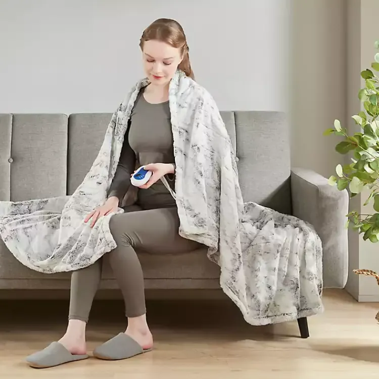 Blankets & Throws>Kirklands Home Beautyrest Marble Faux Fur Oversized Heated Throw White