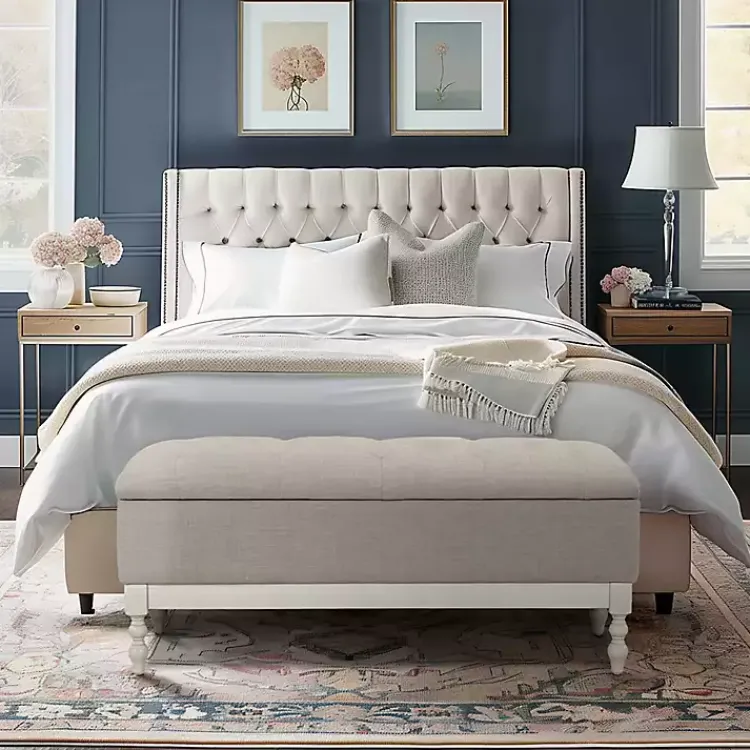 Kirklands Home Beckett White and Tufted Storage Bench Gray