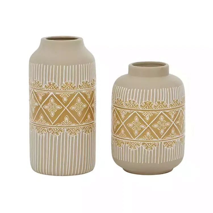 Vases>Kirklands Home Beige and Yellow Acanthus Print Vases, Set of 2