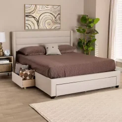 Kirklands Home Beige Braylon Upholstered 3-Drawer Queen Bed Tan Best