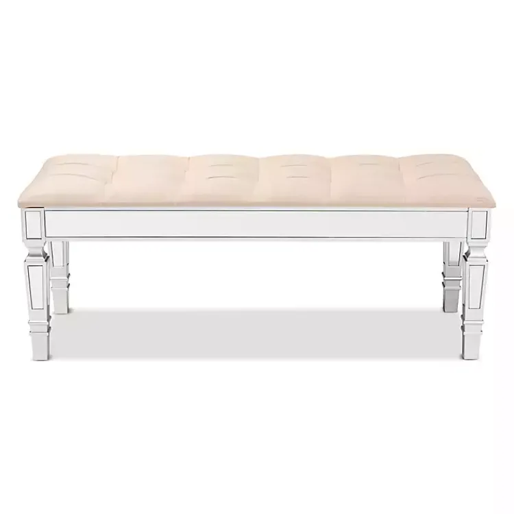 Kirklands Home Beige Button Tufted Bench with Mirrored Base Tan Outlet
