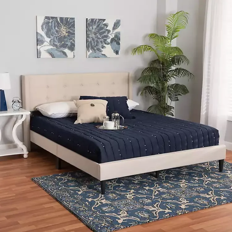 Kirklands Home Beige Button Tufted Headboard Queen Bed Frame Tan Clearance