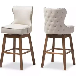 Kirklands Home Beige Button Tufted Swivel Bar Stools, Set of 2 Ivory New