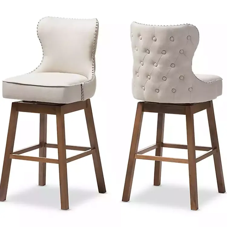 Kirklands Home Beige Button Tufted Swivel Bar Stools, Set of 2 Ivory New