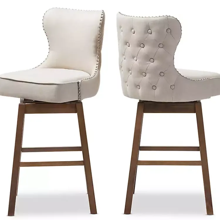 Kirklands Home Beige Button Tufted Swivel Bar Stools, Set of 2 Ivory New