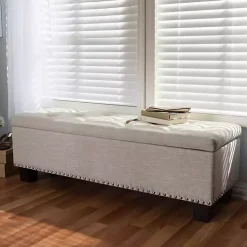 Kirklands Home Beige Button-Tufted Upholstered Storage Bench Tan Sale