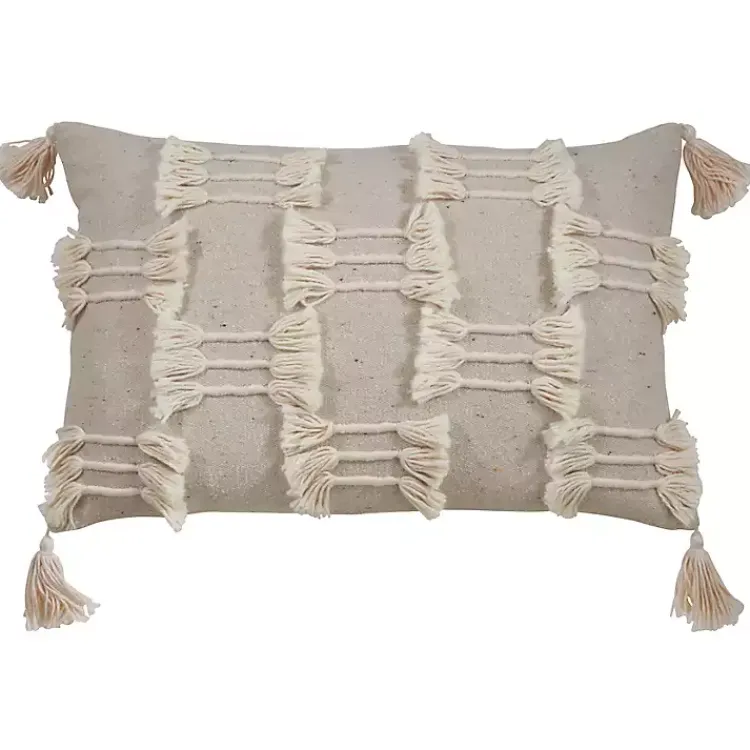 Pillows>Kirklands Home Beige Frayed Tassel Lumbar Pillow