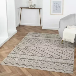 Kirklands Home Beige Geometric Stripe Washable Area Rug, 5x7 New