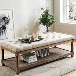 Kirklands Home Beige Tufted Linen and Wood Bench Tan Best