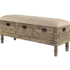 Kirklands Home Beige Upholstered Acanthus Carved Wooden Bench Tan Discount