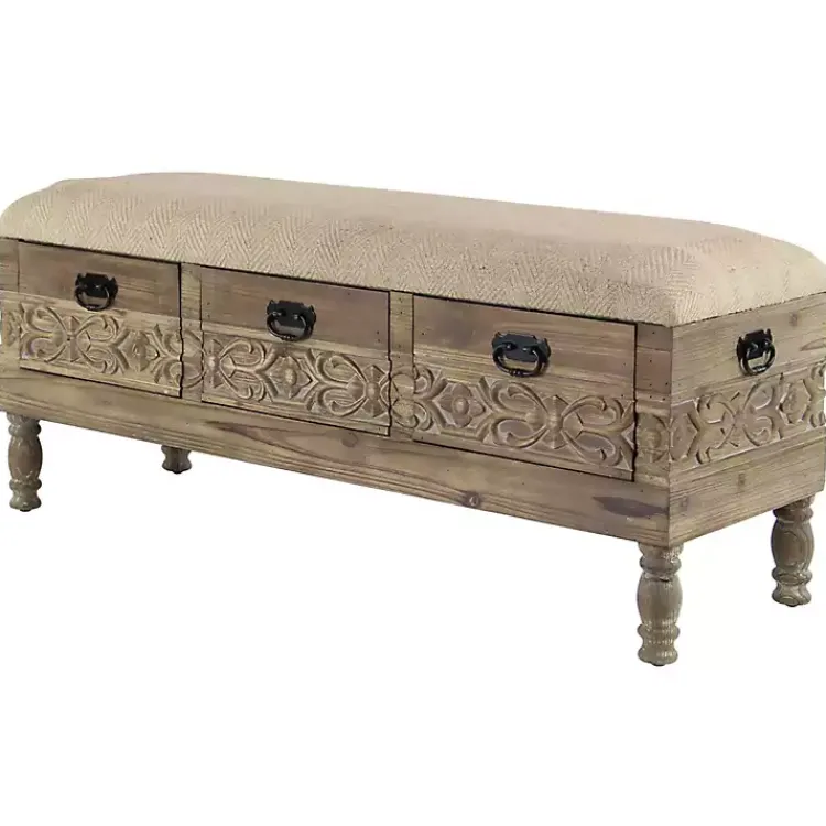 Kirklands Home Beige Upholstered Acanthus Carved Wooden Bench Tan Discount