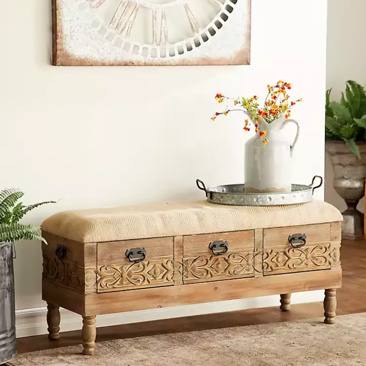 Kirklands Home Beige Upholstered Acanthus Carved Wooden Bench Tan Discount