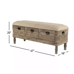 Kirklands Home Beige Upholstered Acanthus Carved Wooden Bench Tan Discount